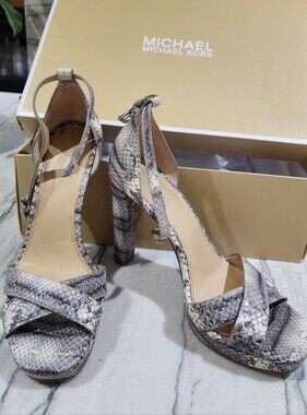 MICHAEL Michael Kors Gray Snake-Print Block Heel Sandals - ROCCIA - Size 9